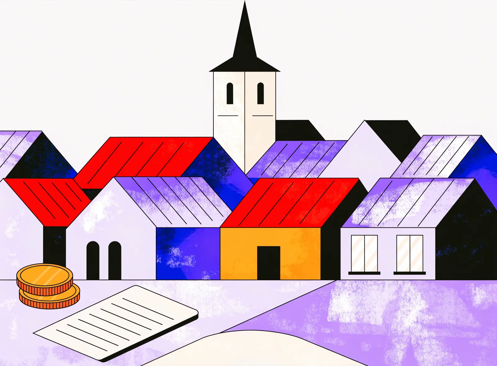 Illustration: Kirchturm über Dächern, davor Münzen und eine Lohnabrechnung