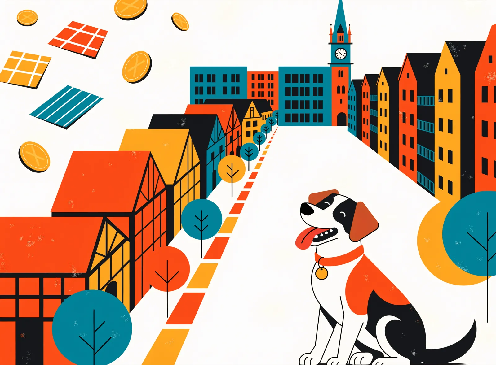 Illustration: Straße einer deutschen Stadt mit Fachwerkhäusern, Kirchturm und einem fröhlichen Hund mit Steuermarke